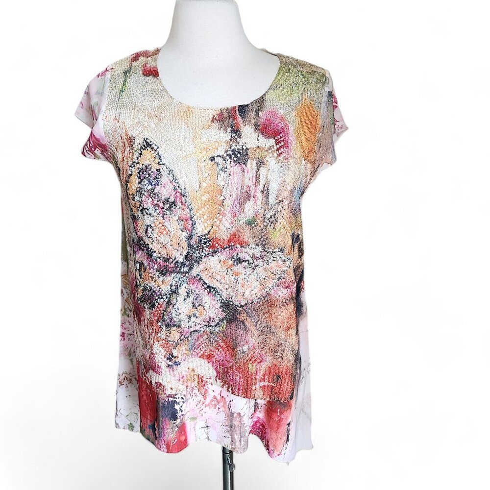 Dor Dor Couture Art To Wear Colorful Boho Blouse Tunic Size Small Short Sleeve